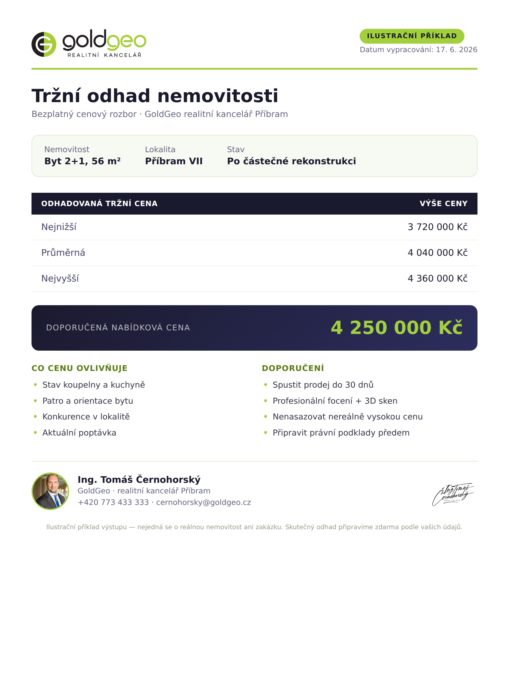 Ukázka tržního odhadu GoldGeo — byt 2+1 Příbram